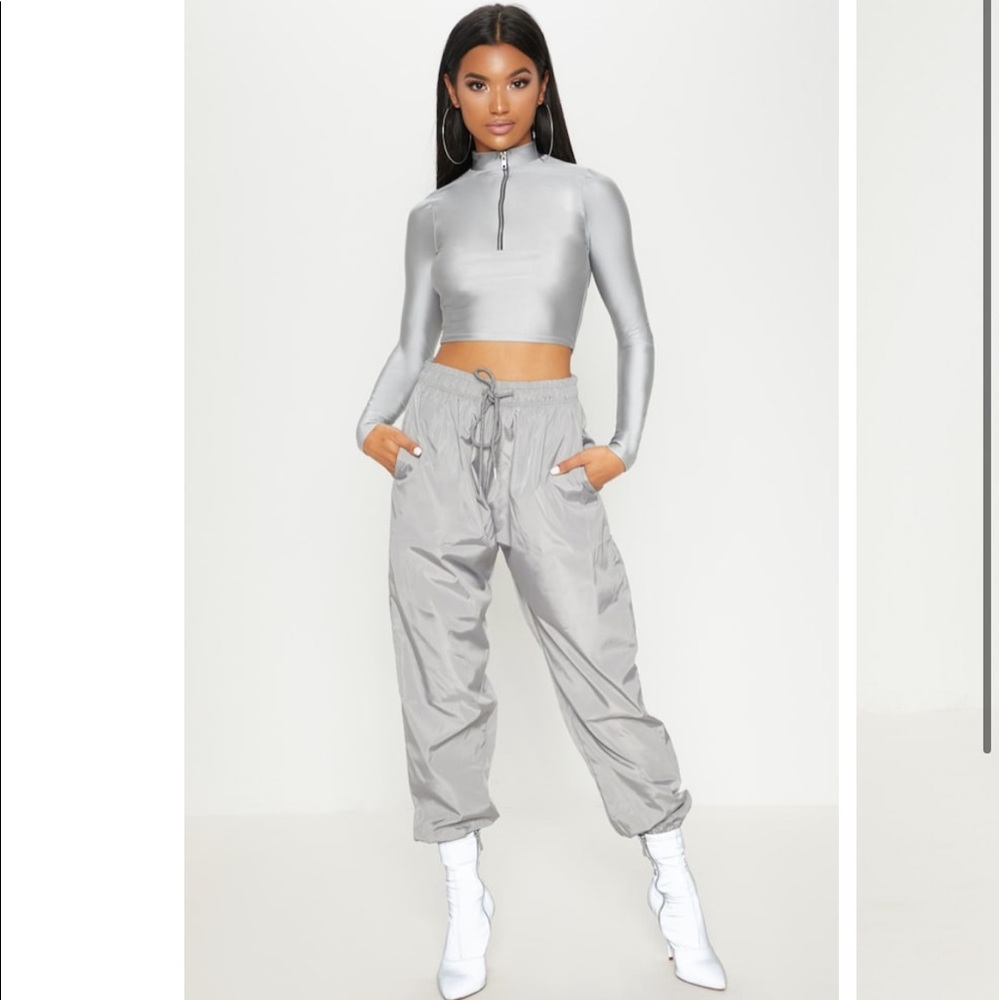 PLT Shiny Silver Grey Drawstring Shell Track Pants